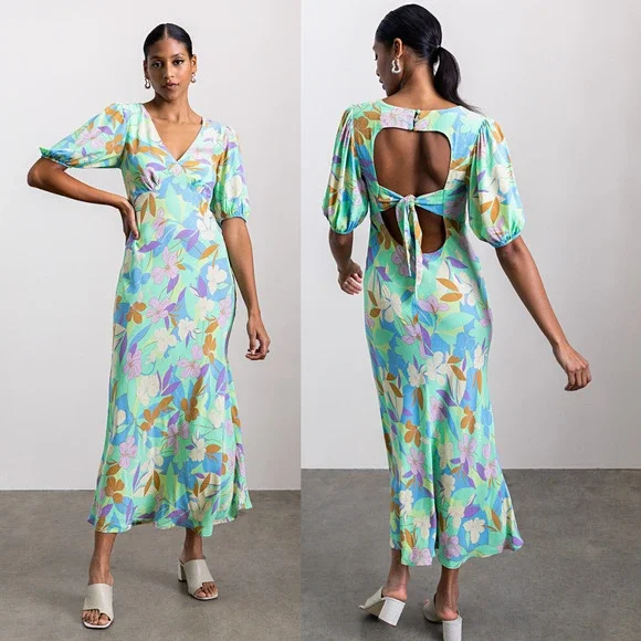 NEW Sanctuary Women's Tie Back Floral Maxi Dress Puff Sleeve Size 6 MSRP $159 - Picture 1 of 3